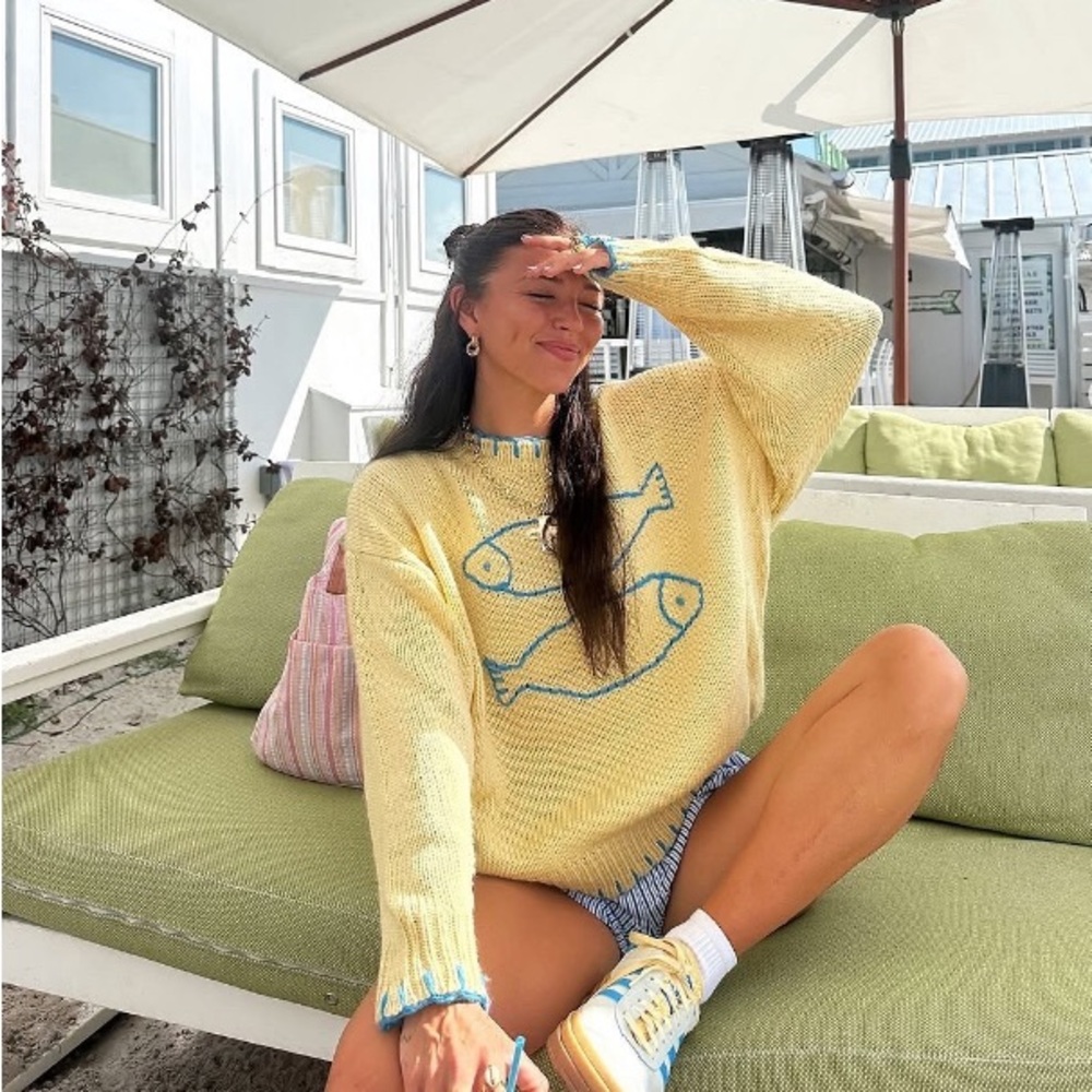 Bailey Rose Yellow Stitching Fish Sweater S